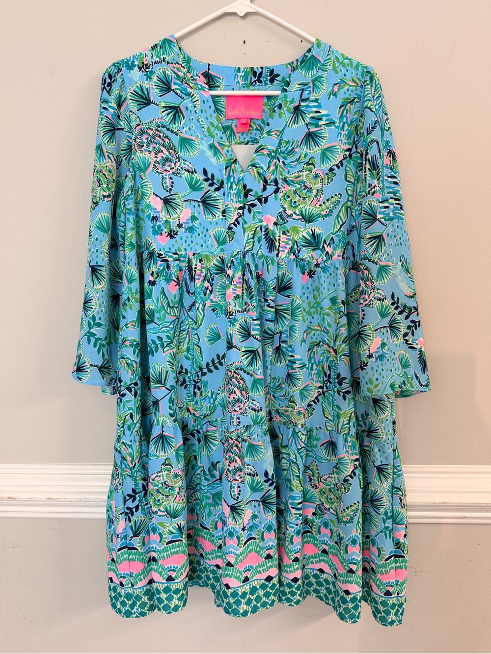Lilly Pulitzer Aqua Tunic Dress with Pink and Green Tropical Print size Small